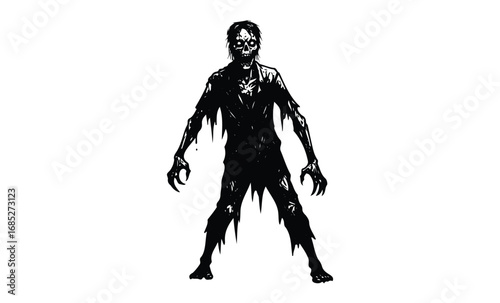 Creepy zombie silhouette with tattered clothing. Vector retro hand drawn illustration
