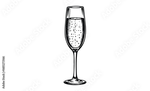 Elegant flute glass with sparkling champagne bubbles in black and white illustration. Vector retro hand drawn illustration