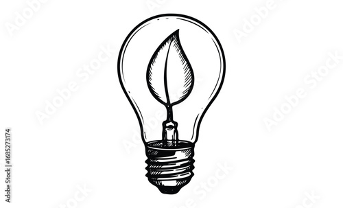 Eco-friendly innovation: hand-drawn lightbulb with leaf inside. Vector retro hand drawn illustration
