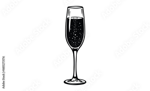 Elegant champagne flute with bubbles in black and white illustration. Vector retro hand drawn illustration