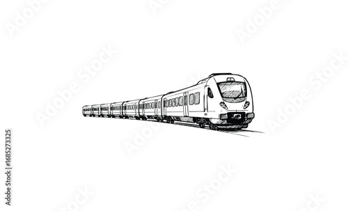 Black and white sketch of modern passenger train with multiple carriages. Vector retro hand drawn illustration