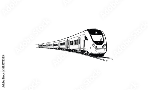 Black and white sketch of modern passenger train on curved track. Vector retro hand drawn illustration