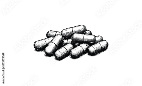 Black and white drawing of a group of capsules. Vector retro hand drawn illustration