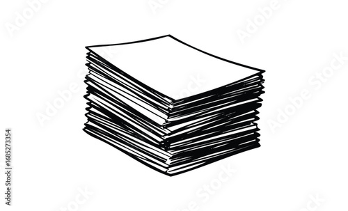 Monochrome illustration of a stack of paper in black and white. Vector retro hand drawn illustration