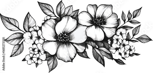 Delicate hand drawn black and white floral arrangement with blossom and leaf details