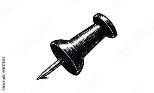 Monochrome drawing of a pushpin with detailed line art. Vector retro hand drawn illustration