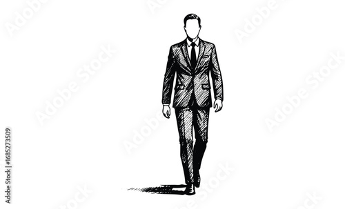 Sketch of young caucasian male in formal suit walking confidently. Vector retro hand drawn illustration
