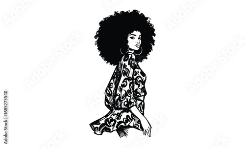 Stylish african female illustration with afro hairstyle and patterned dress. Vector retro hand drawn illustration