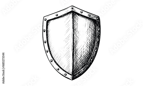 Hand-drawn vintage shield with metal rivets. Vector retro hand drawn illustration