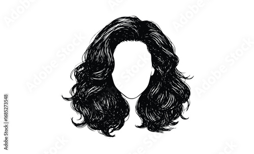 Curly hair illustration with blank face. Vector retro hand drawn illustration