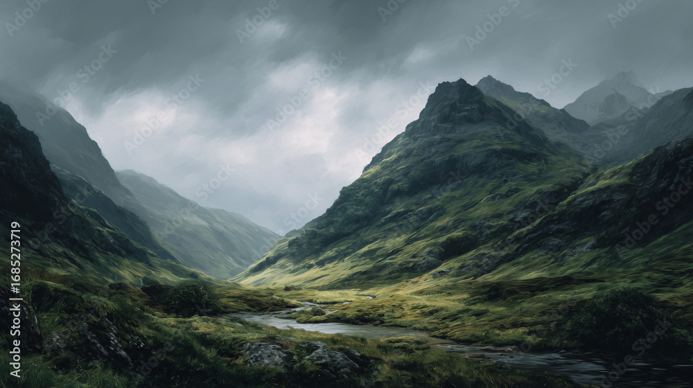 Fototapeta premium moody green mountain landscape painting