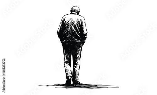 Elderly caucasian male standing alone black and white illustration. Vector retro hand drawn illustration