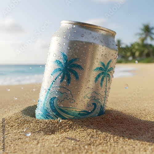 cold drink can in beach sand