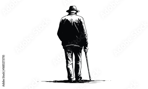 Elderly caucasian male with hat and cane walking away in black and white drawing. Vector retro hand drawn illustration