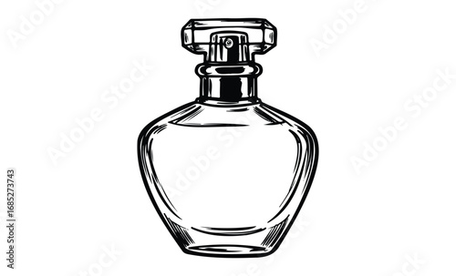 Elegant glass perfume bottle illustration with intricate details. Vector retro hand drawn illustration
