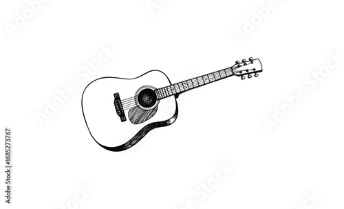 Hand-drawn acoustic guitar illustration with classic design. Vector retro hand drawn illustration