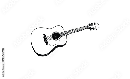 Detailed sketch of acoustic guitar with detailed strings and body design. Vector retro hand drawn illustration