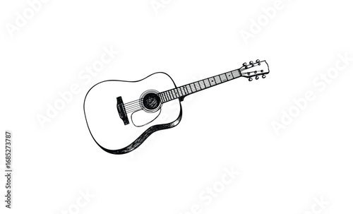 Black and white acoustic guitar sketch with six strings and detailed design. Vector retro hand drawn illustration