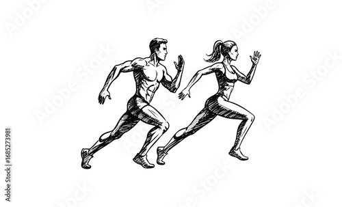 Athletic caucasian male and female runners in motion, dynamic sketch illustration. Vector retro hand drawn illustration