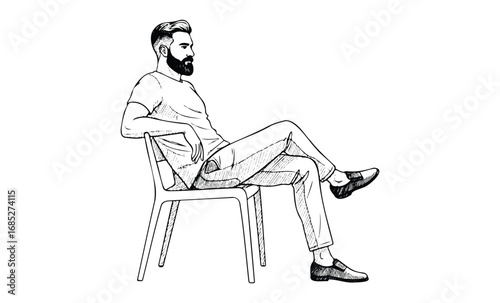 Sketch of young caucasian male relaxing in chair. Vector retro hand drawn illustration