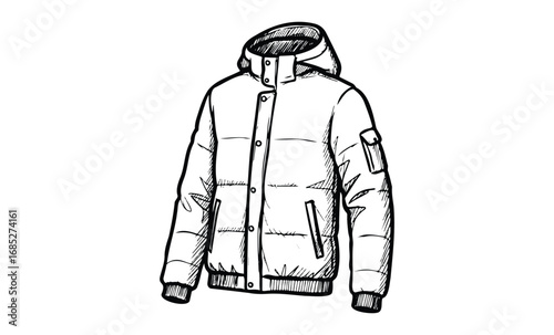 Hand-drawn puff jacket illustration with hood and pocket details. Vector retro hand drawn illustration