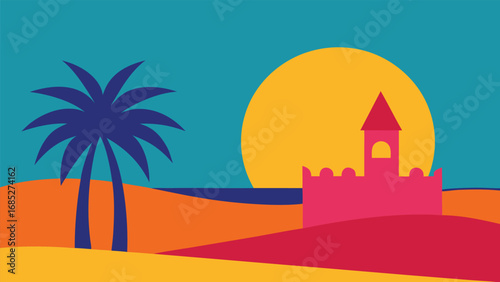 Tropical Beach Landscape With Palm Tree and Castle at Sunset vector illustration