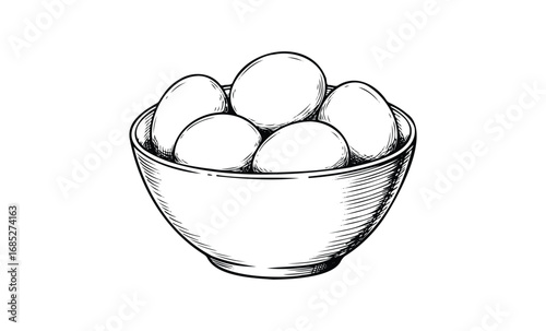 Black and white illustration of bowl filled with eggs in sketch style. Vector retro hand drawn illustration