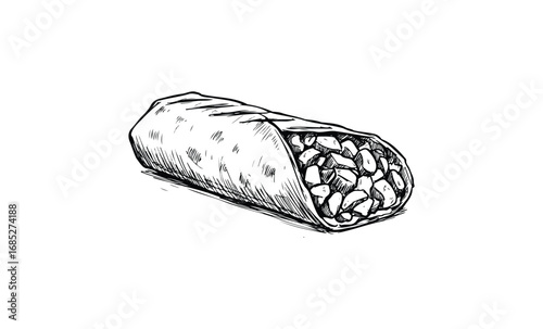 Black and white sketch of a burrito filled with rice and beans. Vector retro hand drawn illustration