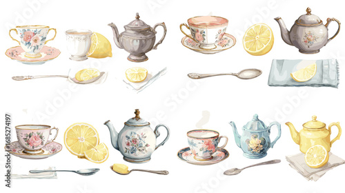 Elegant watercolor tea set illustration with cups, teapots, spoons, and lemon slices. Perfect for cafe menus, kitchen decor, tea branding, and lifestyle designs.