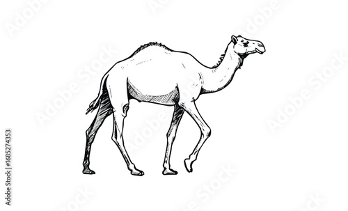 Black and white camel sketch. Vector retro hand drawn illustration