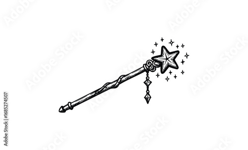 Magical star wand with hanging charm and sparkles in black and white illustration. Vector retro hand drawn illustration