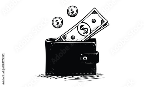 Illustration of a wallet with coins and dollar bill. Vector retro hand drawn illustration