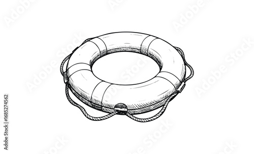 Detailed black and white lifebuoy drawing with rope accents. Vector retro hand drawn illustration