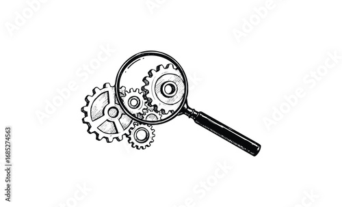 Magnifying glass focused on interlocking mechanical gears in black and white. Vector retro hand drawn illustration