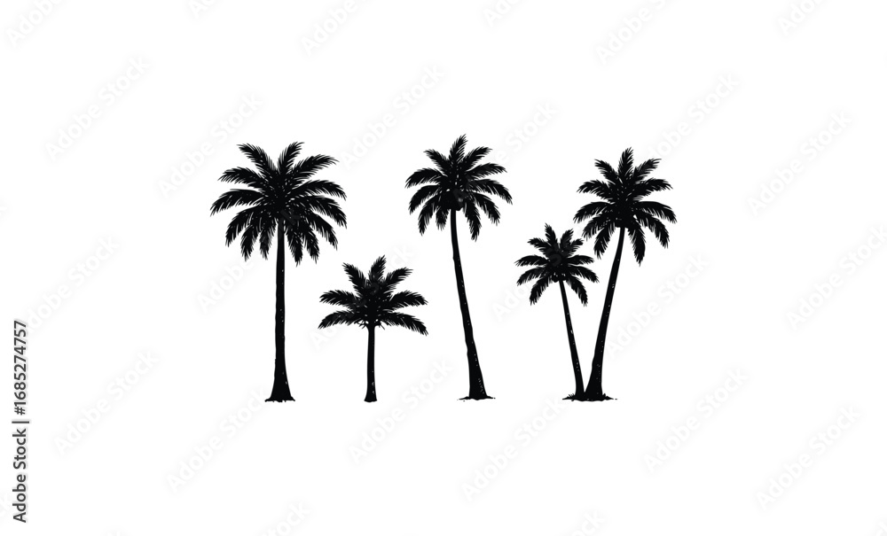 Fototapeta premium Silhouette of tropical palm trees in various sizes. Vector retro hand drawn illustration