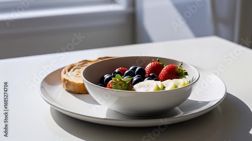 A plate with a toast and a bowl of strawberries, blueberries, and kiwi on a table