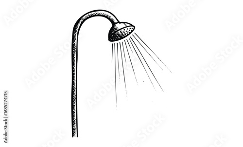 Hand-drawn showerhead illustration with water streams. Vector retro hand drawn illustration