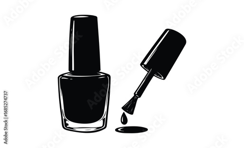 Black and white illustration of nail polish bottle with open brush dripping paint. Vector retro hand drawn illustration