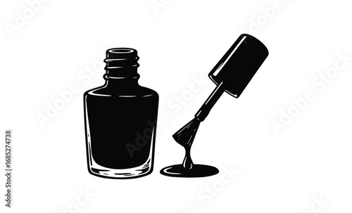 Black and white illustration of nail polish bottle with brush. Vector retro hand drawn illustration