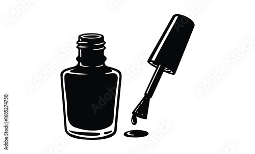 Black and white illustration of nail polish bottle with open brush. Vector retro hand drawn illustration