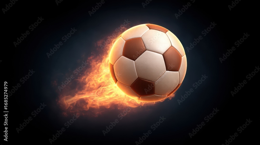 Naklejka premium Dynamic Soccer Ball with Fire Trail on Dark Background, Representing Speed, Energy, and Passion for the Game in Sports Photography