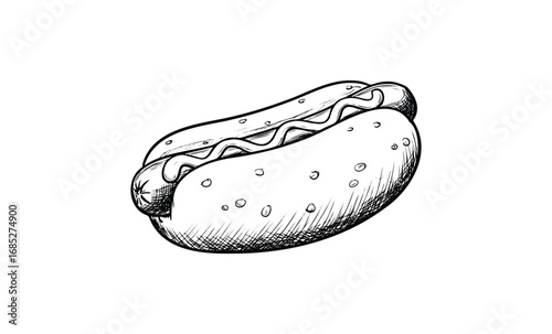Detailed black and white hand-drawn hot dog illustration with toppings. Vector retro hand drawn illustration