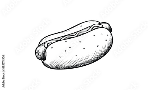 Detailed black and white sketch of a classic hot dog with bun and mustard. Vector retro hand drawn illustration