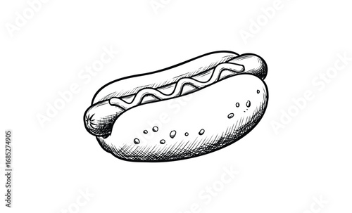 Black and white retro hot dog sketch with mustard sauce. Vector retro hand drawn illustration