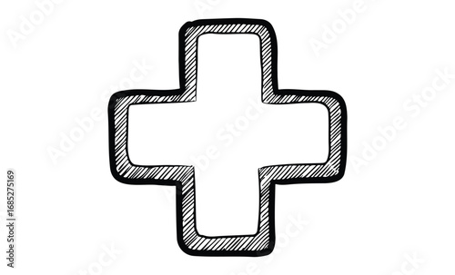 Hand-drawn black and white sketch of medical cross symbol. Vector retro hand drawn illustration