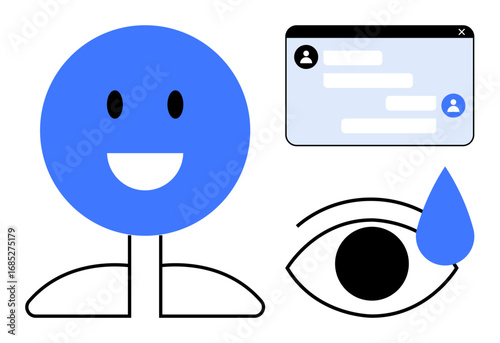 Smiling character, chat interface, eye with teardrop symbol. Ideal for messaging apps, feedback systems, emotions, user experiences, communication, social media simple landing page