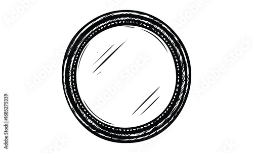 Black and white illustration of a round mirror with detailed frame and reflections. Vector retro hand drawn illustration