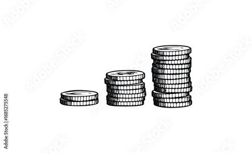 Black and white illustration of stacked coins representing financial growth. Vector retro hand drawn illustration