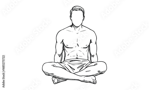 Minimalist sketch of a male in meditative pose with crossed legs. Vector retro hand drawn illustration