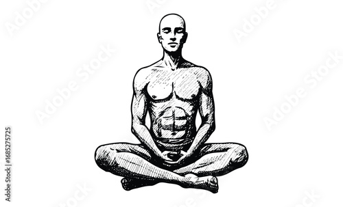 Sketch of a bald male in yoga pose meditating with eyes closed and crossed legs. Vector retro hand drawn illustration